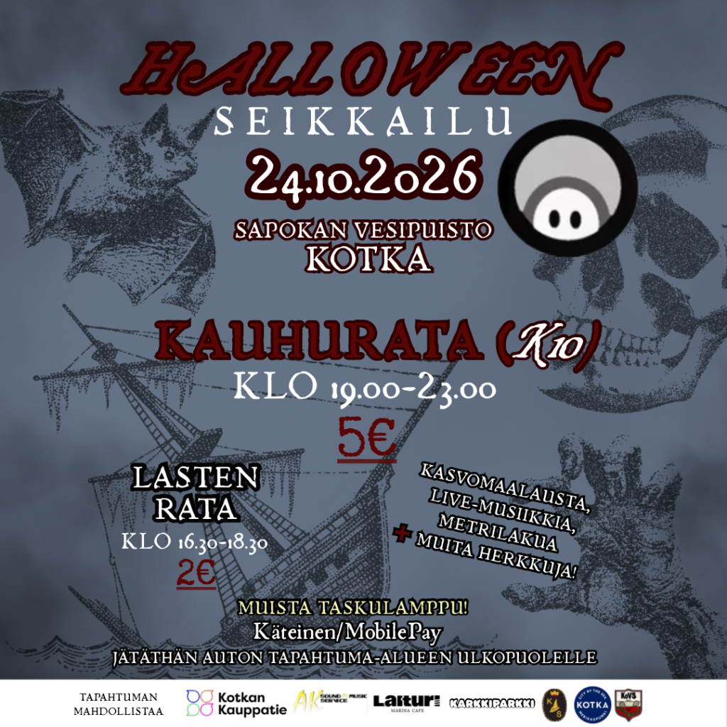 Halloween Seikkailu järjestetään lauantaina 24. lokakuuta 2026 Kotkassa, Sapokan vesipuistossa.